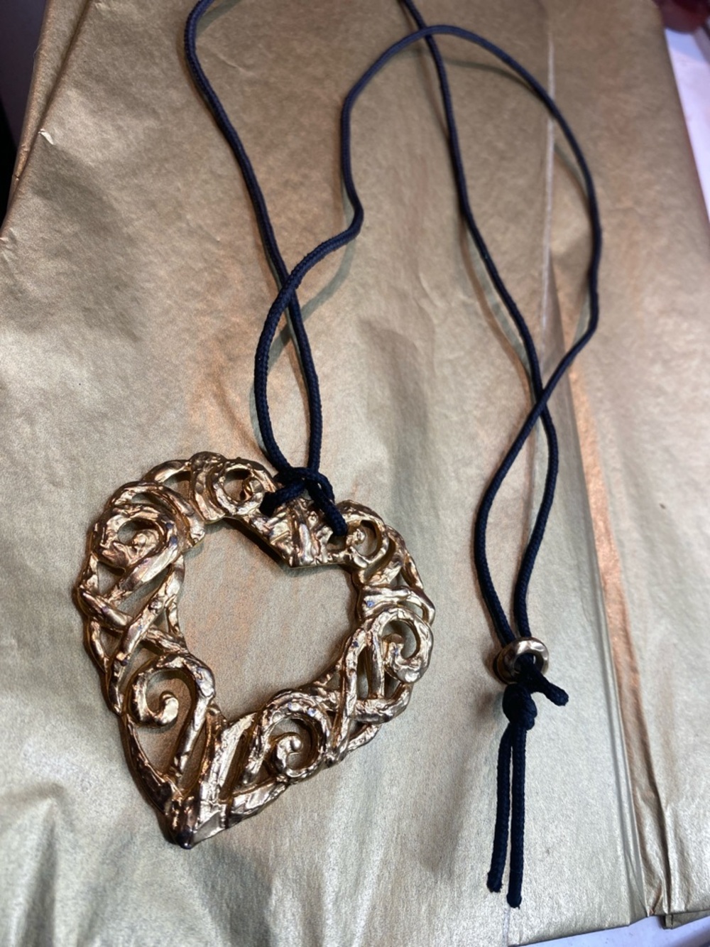 Gold Heart Pendant Necklace on Black Cord